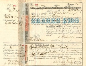 Jeffersonville, Madison and Indianapolis Railroad Co. - 1870 dated Railway Stock Certificate